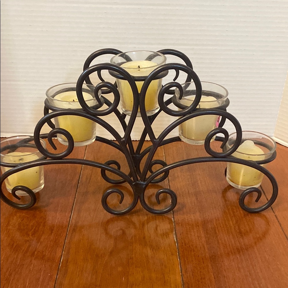 Metal 5 votive candle holder shelf table decor heavy 14x7”